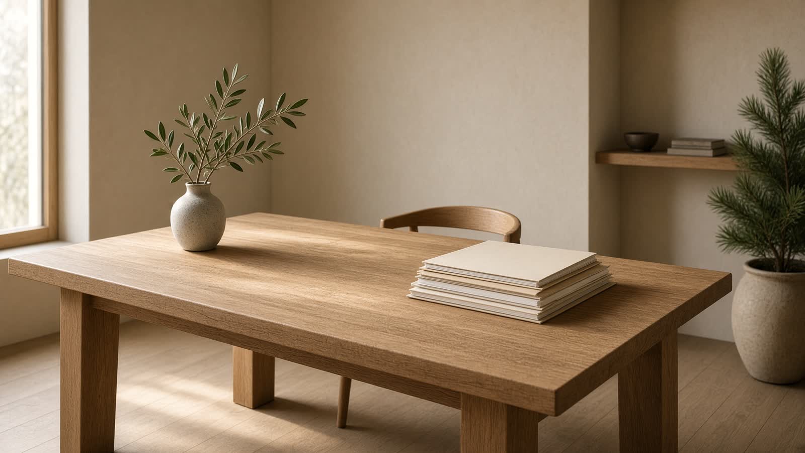 Empty oak conference table in morning light, cream folders stacked at one end.